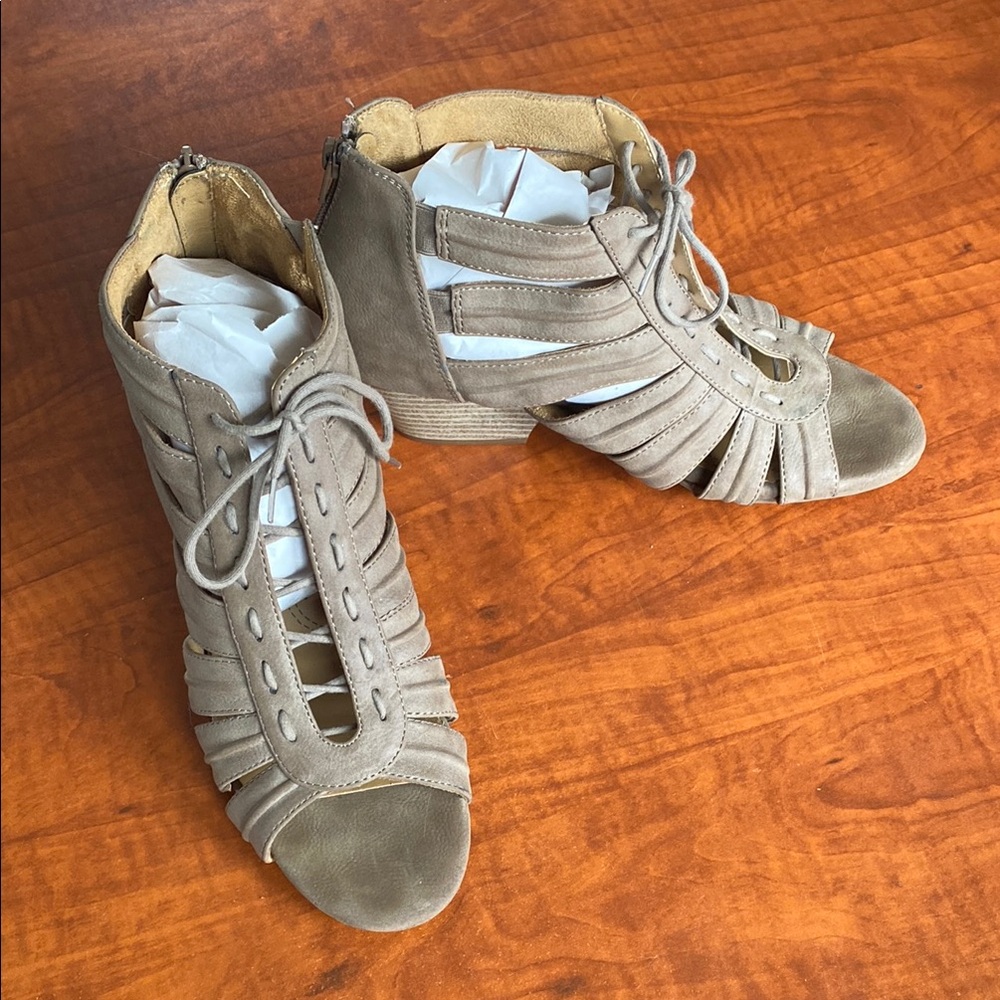 Taupe Suede Lace-Up Cutout Heeled Sandals